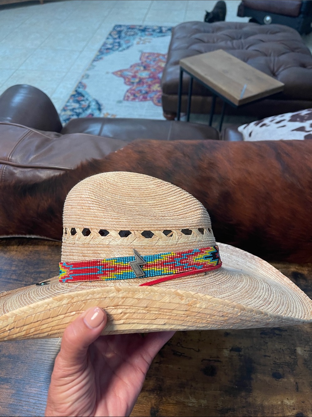 Women’s Straw Cowboy Hat with Multicolor Beaded Band, accent pins, hat clip - Picture 3 of 14